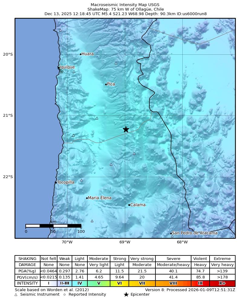 USGS ShakeMap intensity contours for the M5.4 earthquake near 75 km W of Ollagüe, Chile