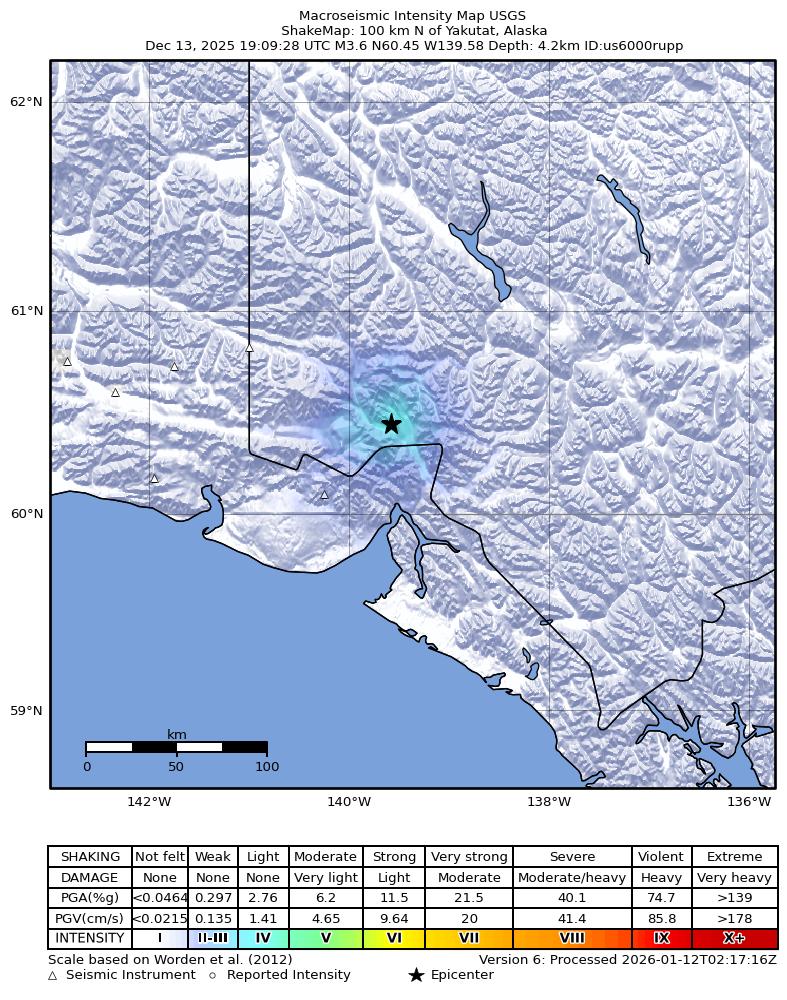 USGS ShakeMap: estimated shaking intensity around the epicenter