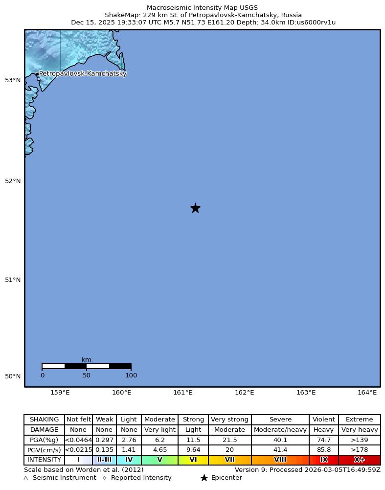 USGS ShakeMap intensity contours for the M5.7 earthquake near 229 km SE of Petropavlovsk-Kamchatsky, Russia