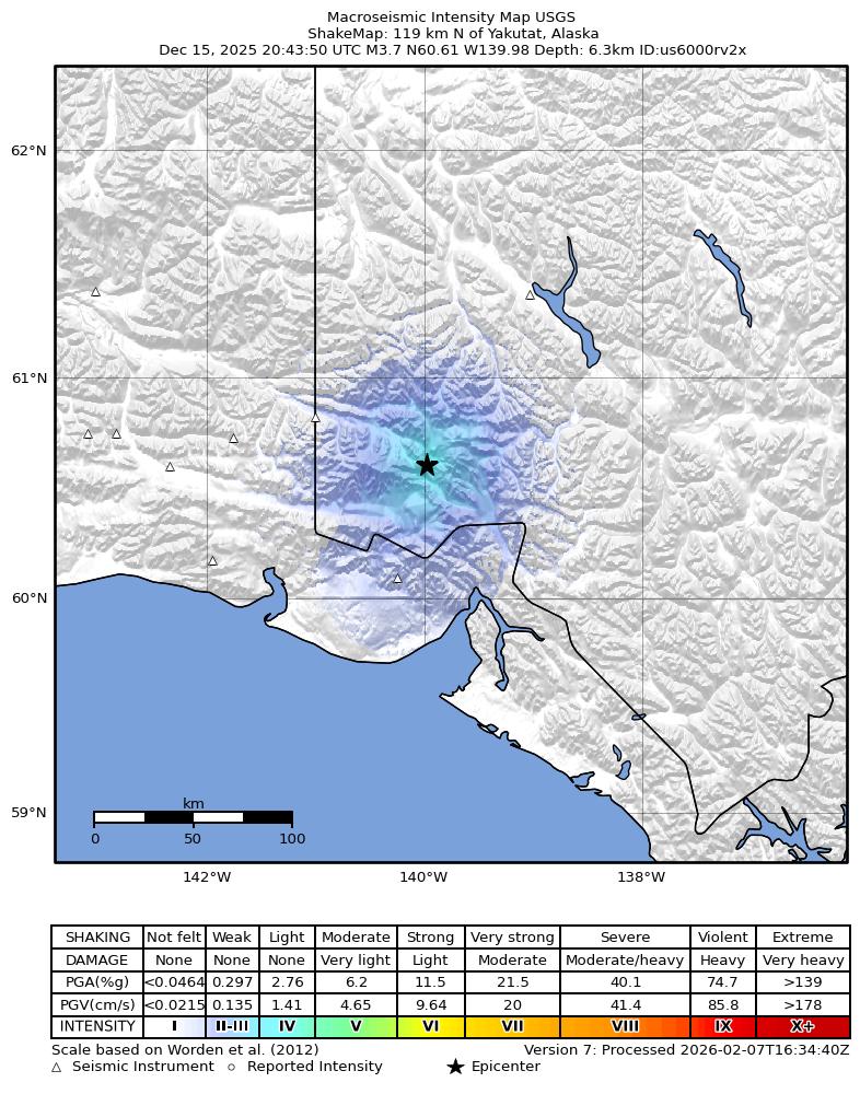 USGS ShakeMap intensity contours for the M3.7 earthquake near 119 km N of Yakutat, Alaska