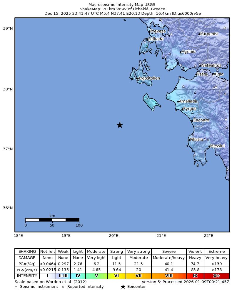 USGS ShakeMap intensity contours for the M5.4 earthquake near 70 km WSW of Lithakiá, Greece