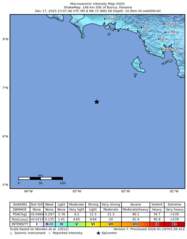 USGS ShakeMap intensity contours for the M5.6 earthquake near 148 km SSE of Burica, Panama