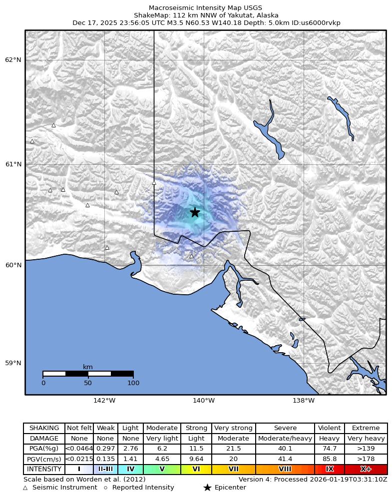USGS ShakeMap intensity contours for the M3.5 earthquake near 112 km NNW of Yakutat, Alaska