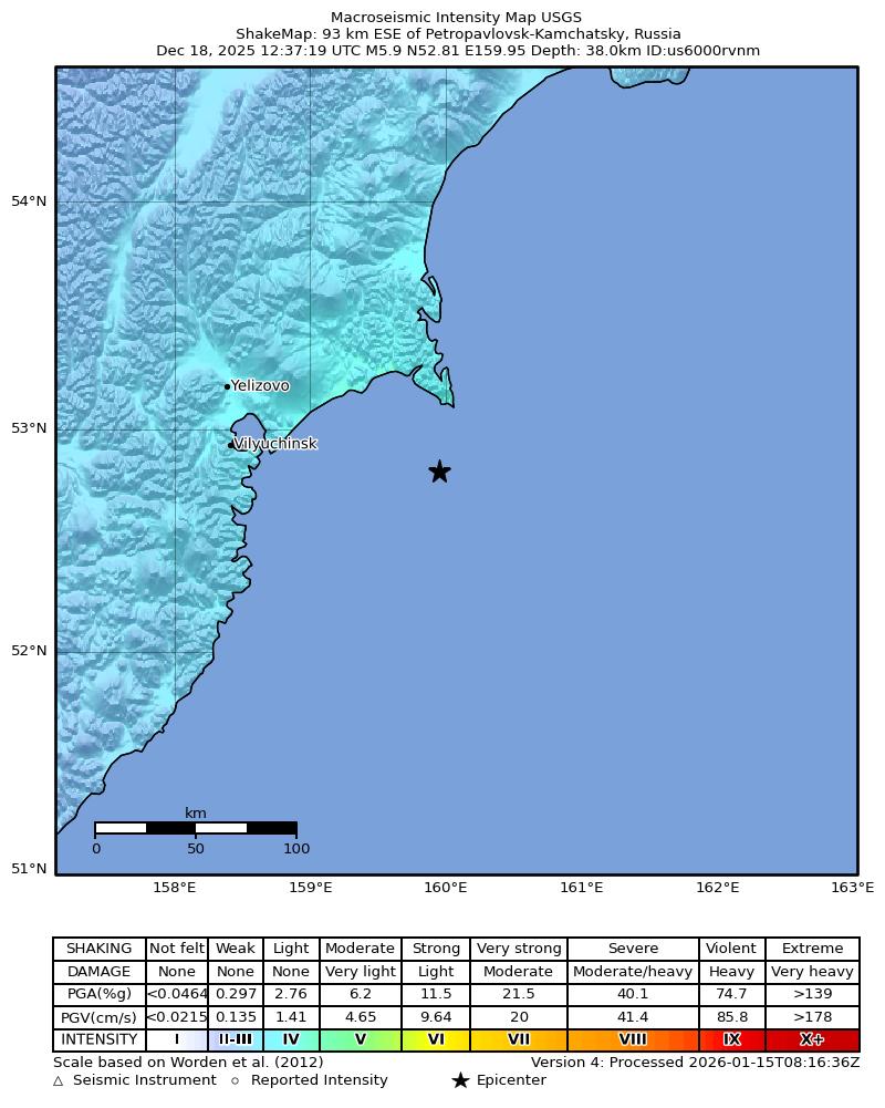 USGS ShakeMap intensity contours for the M5.9 earthquake near 93 km ESE of Petropavlovsk-Kamchatsky, Russia