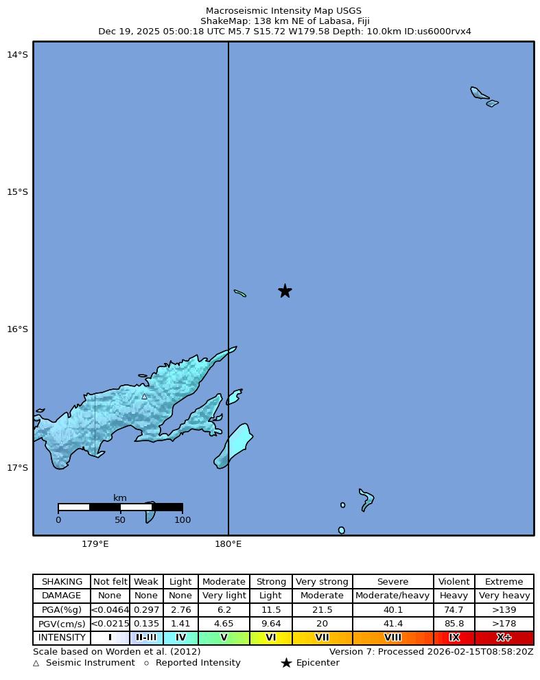 USGS ShakeMap intensity contours for the M5.7 earthquake near 138 km NE of Labasa, Fiji