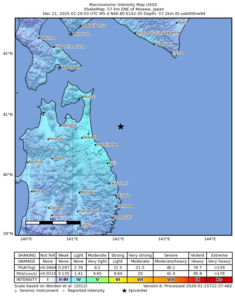 USGS ShakeMap intensity contours for the M5.4 earthquake near 57 km ENE of Misawa, Japan