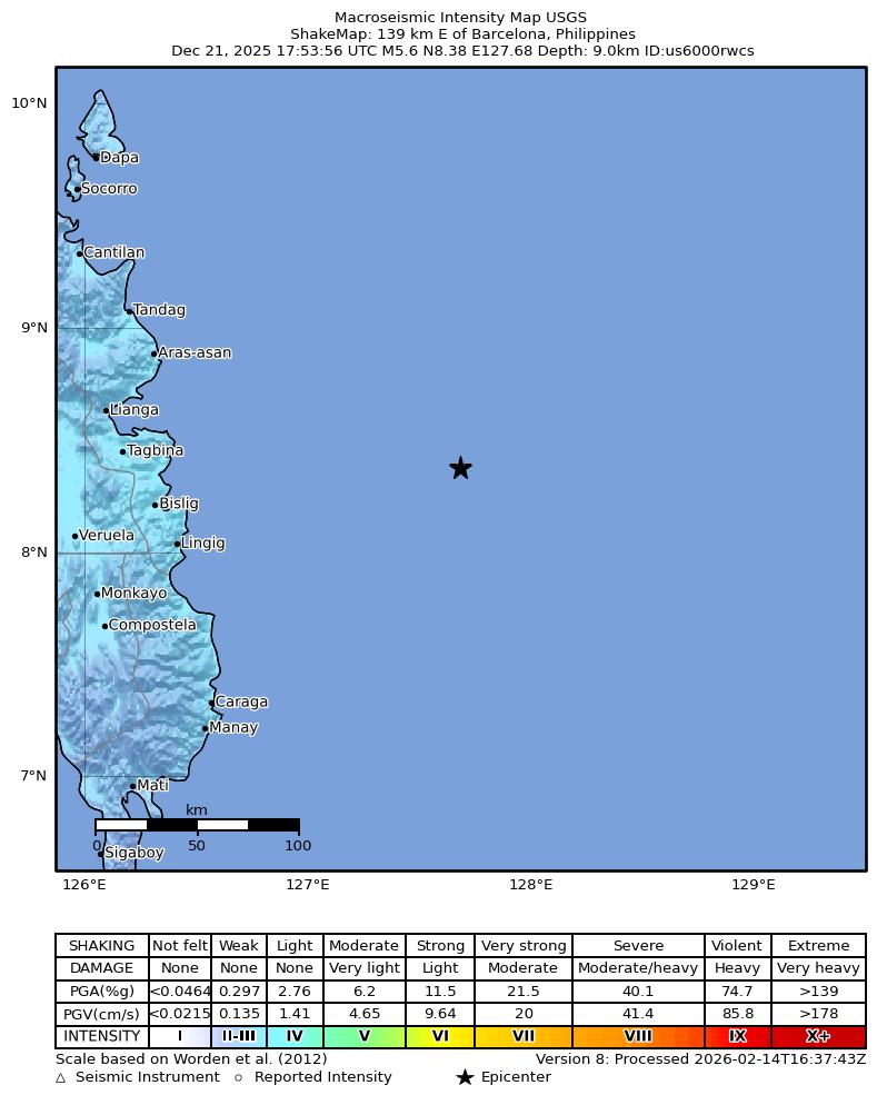 USGS ShakeMap intensity contours for the M5.6 earthquake near 139 km E of Barcelona, Philippines