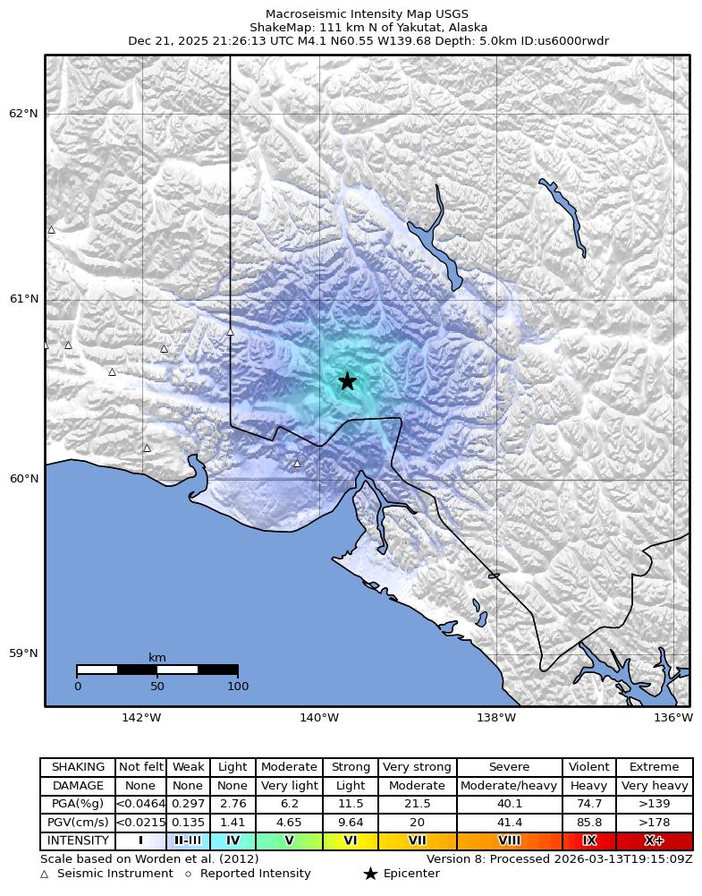 USGS ShakeMap intensity contours for the M4.1 earthquake near 111 km N of Yakutat, Alaska