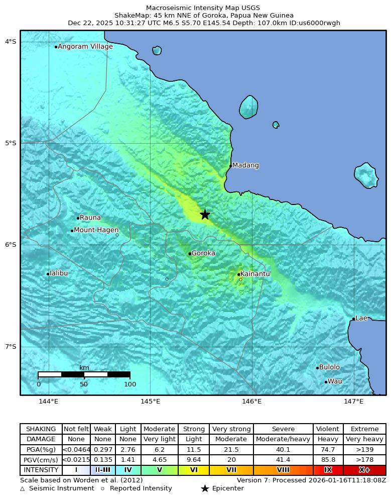 USGS ShakeMap intensity contours for the M6.5 earthquake near 45 km NNE of Goroka, Papua New Guinea