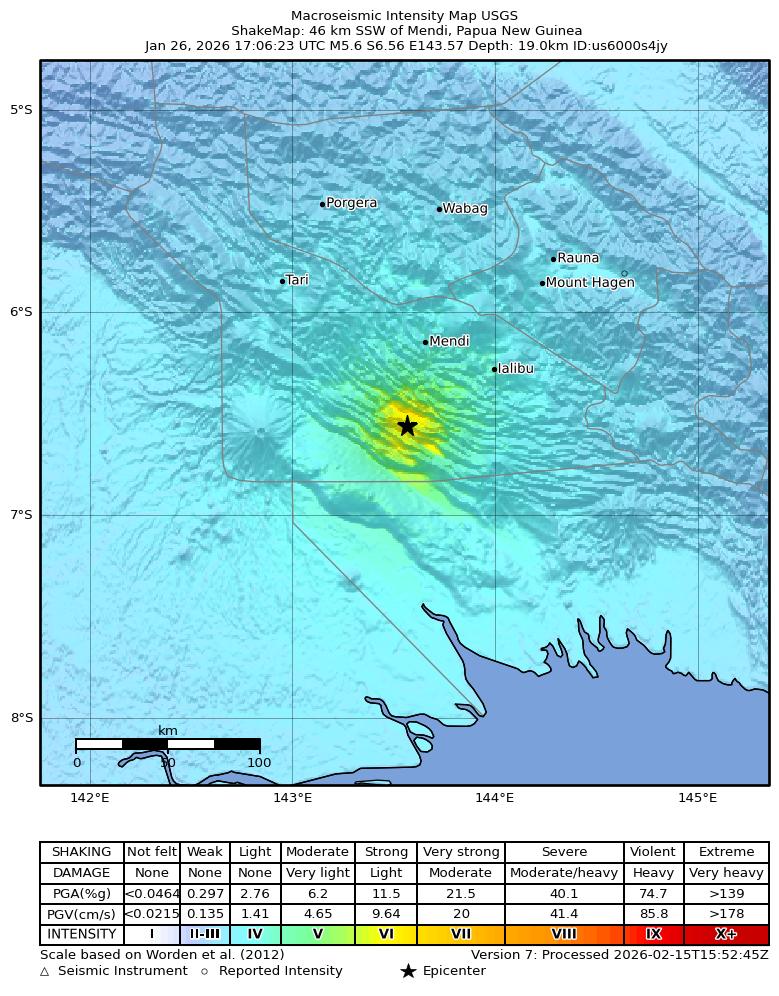 USGS ShakeMap intensity contours for the M5.6 earthquake near 46 km SSW of Mendi, Papua New Guinea
