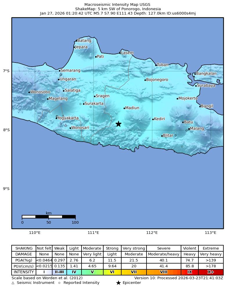 USGS ShakeMap intensity contours for the M5.7 earthquake near 5 km SW of Ponorogo, Indonesia