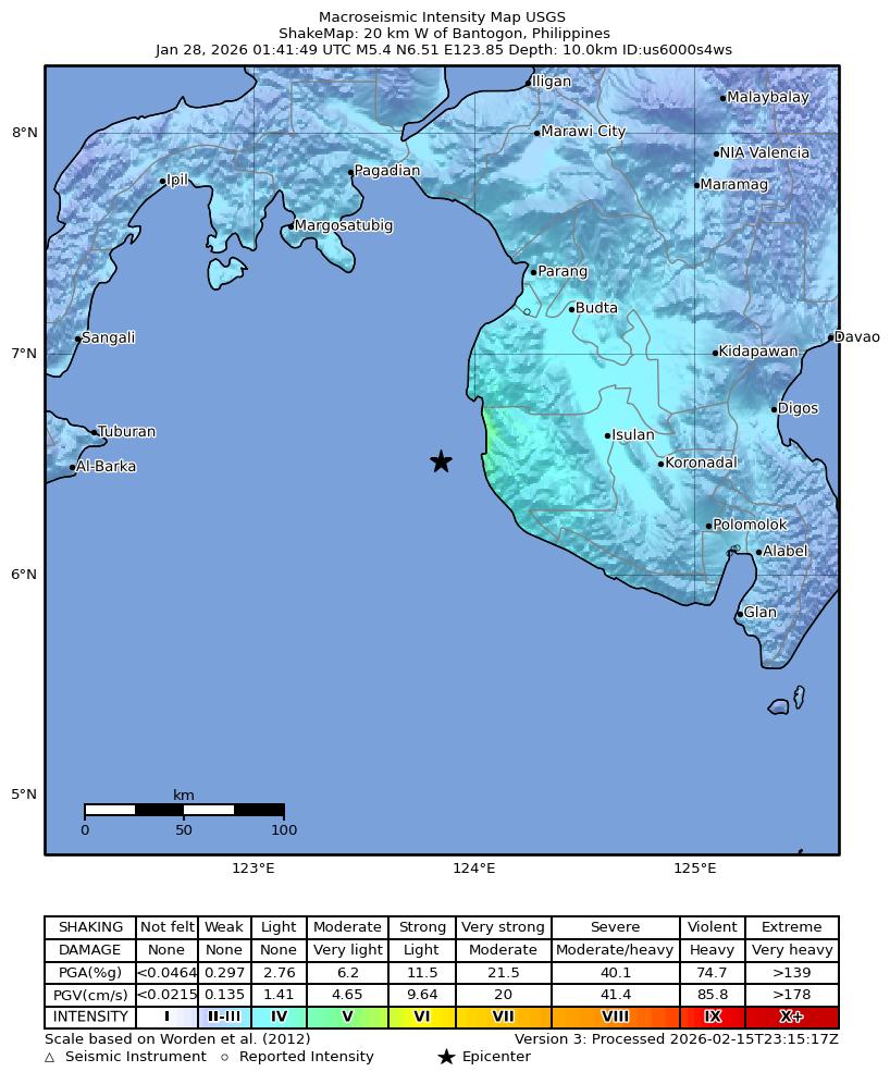 USGS ShakeMap intensity contours for the M5.4 earthquake near 20 km W of Bantogon, Philippines