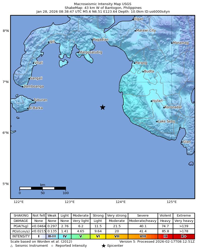 USGS ShakeMap intensity contours for the M5.6 earthquake near 43 km W of Bantogon, Philippines