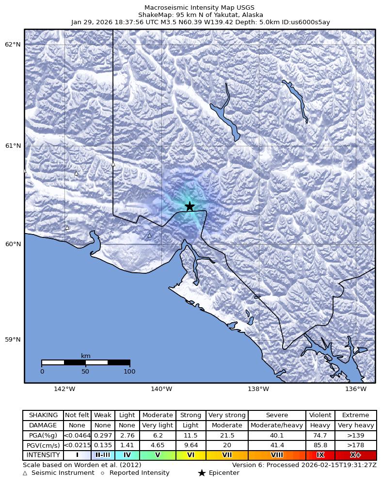 USGS ShakeMap intensity contours for the M3.5 earthquake near 95 km N of Yakutat, Alaska