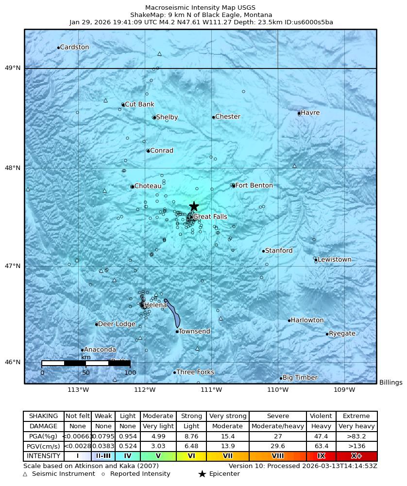 USGS ShakeMap intensity contours for the M4.2 earthquake near 9 km N of Black Eagle, Montana