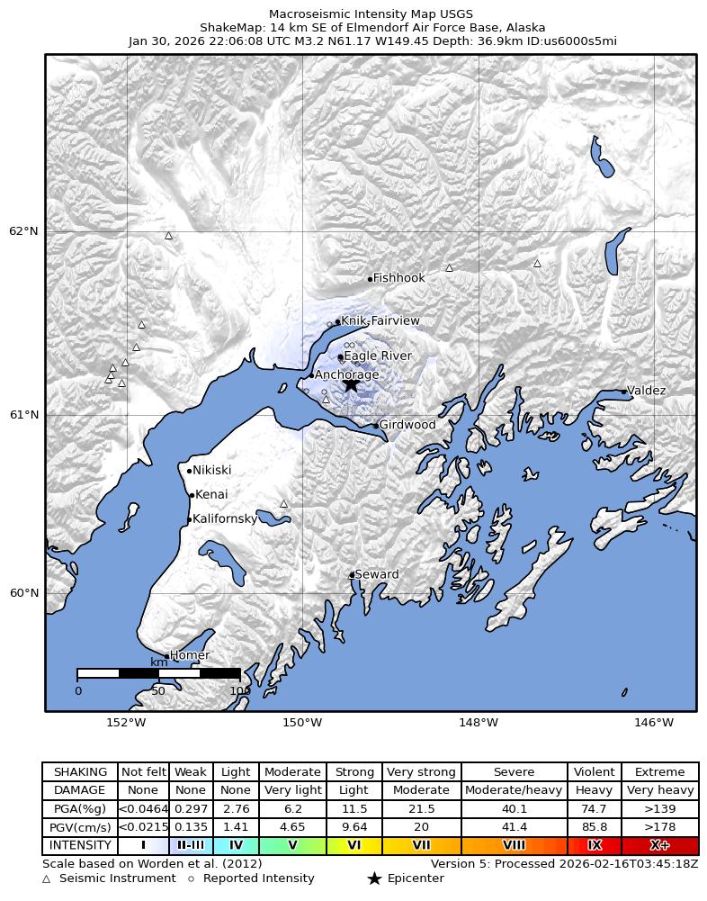 USGS ShakeMap intensity contours for the M3.2 earthquake near 14 km SE of Elmendorf Air Force Base, Alaska
