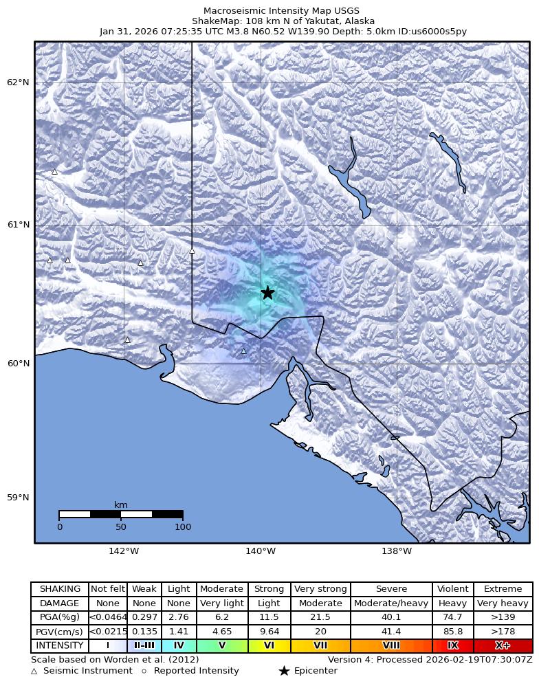 USGS ShakeMap: estimated shaking intensity around the epicenter