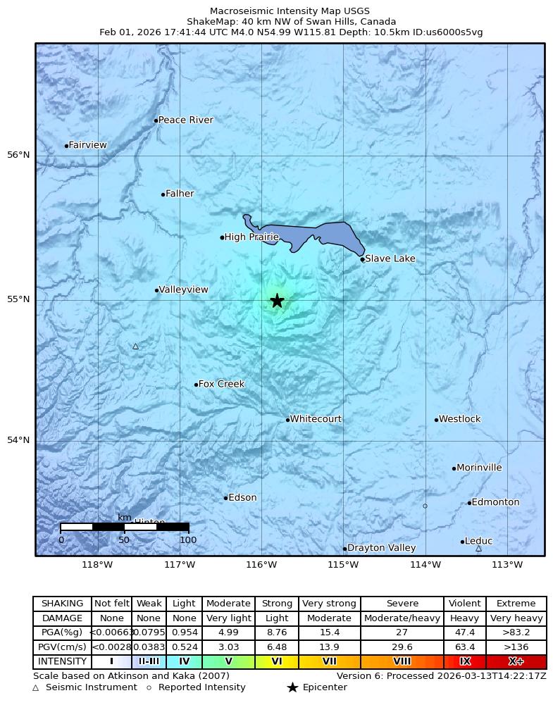 USGS ShakeMap intensity contours for the M4.0 earthquake near 40 km NW of Swan Hills, Canada