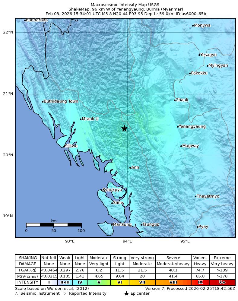 USGS ShakeMap intensity contours for the M5.8 earthquake near 96 km W of Yenangyaung, Burma (Myanmar)