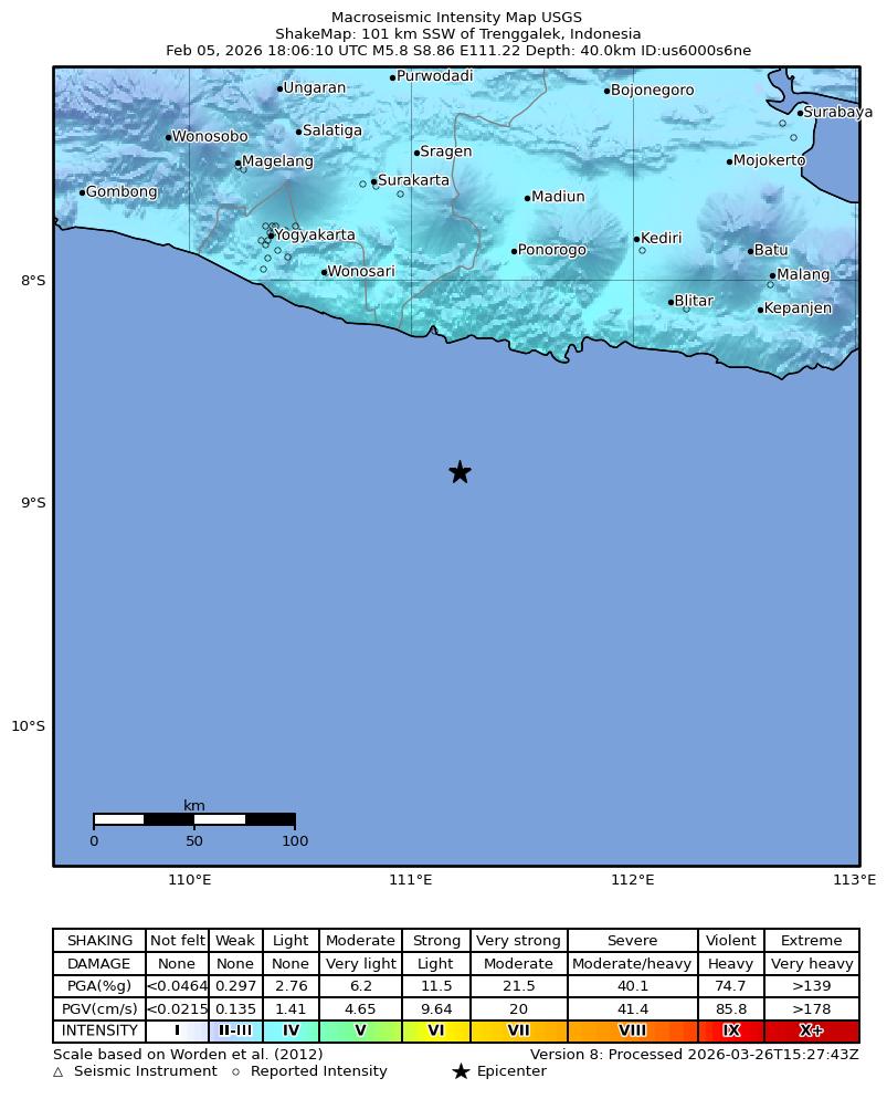 USGS ShakeMap intensity contours for the M5.8 earthquake near 101 km SSW of Trenggalek, Indonesia