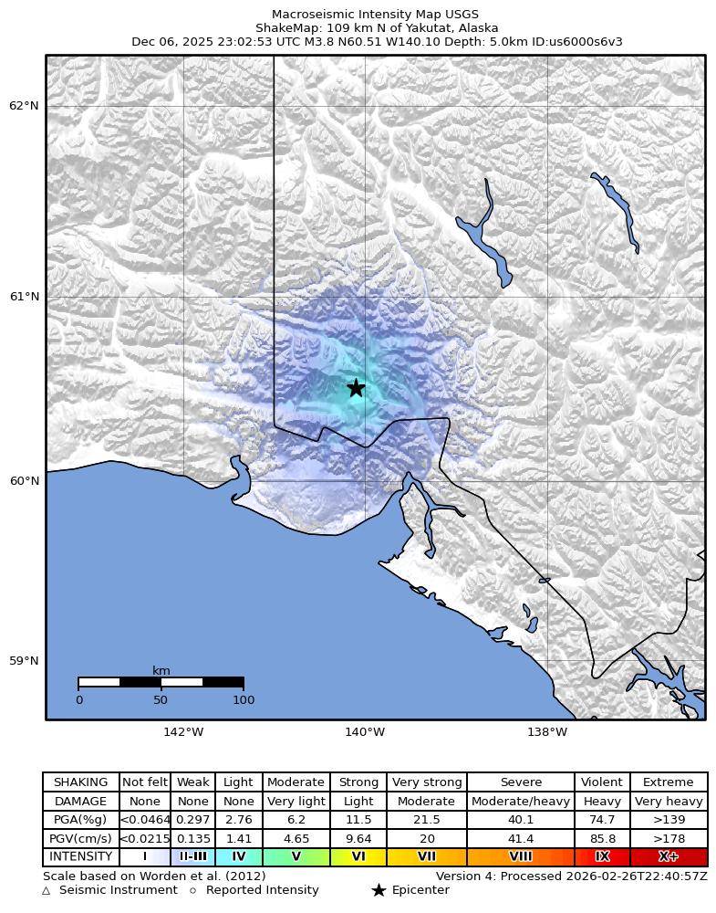 USGS ShakeMap intensity contours for the M3.8 earthquake near 109 km N of Yakutat, Alaska