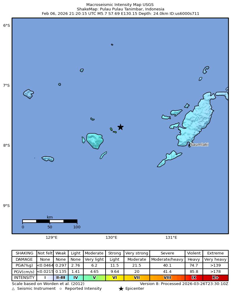USGS ShakeMap intensity contours for the M5.7 earthquake near Pulau Pulau Tanimbar, Indonesia
