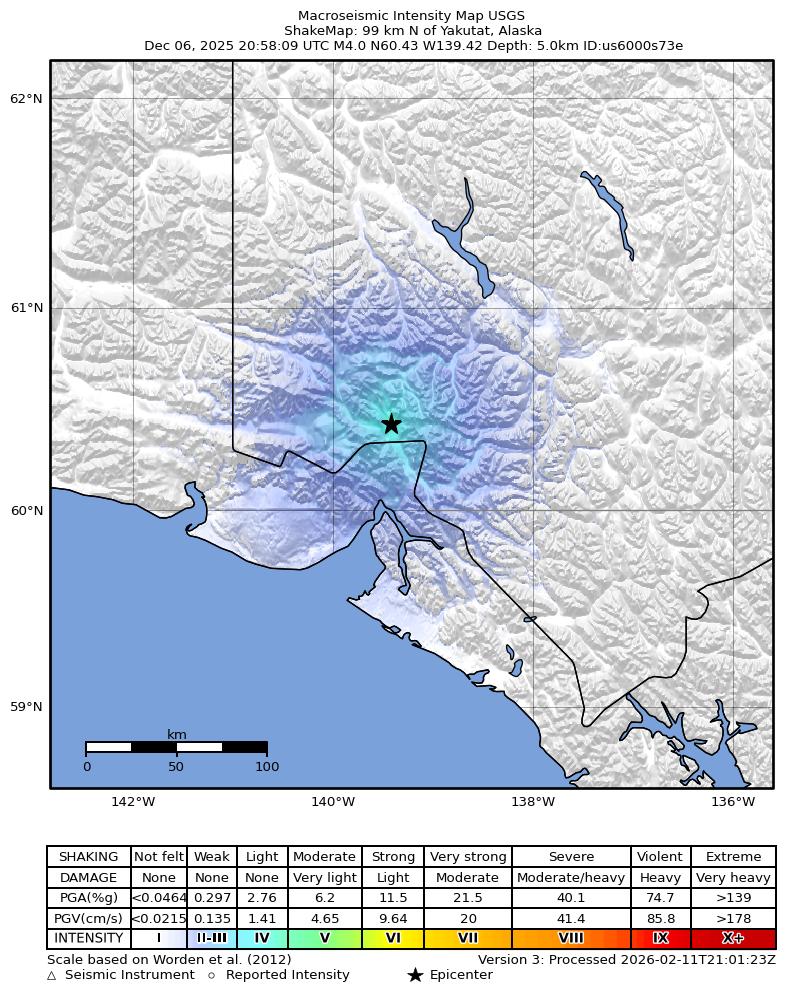 USGS ShakeMap: estimated shaking intensity around the epicenter