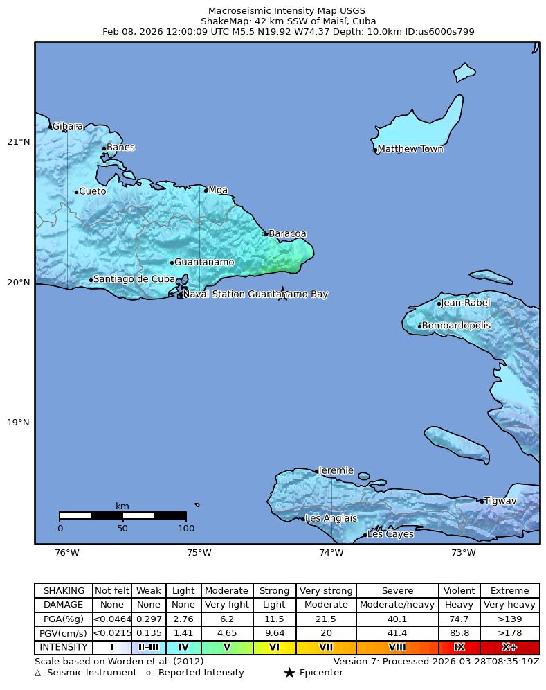 USGS ShakeMap intensity contours for the M5.5 earthquake near 42 km SSW of Maisí, Cuba