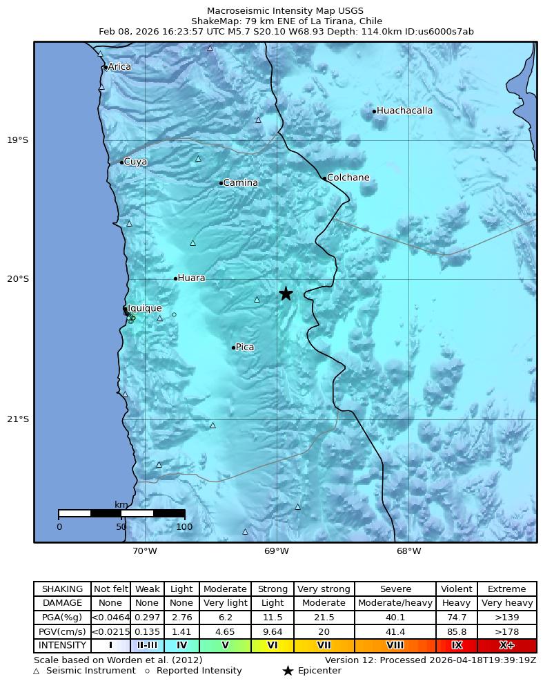 USGS ShakeMap intensity contours for the M5.7 earthquake near 79 km ENE of La Tirana, Chile