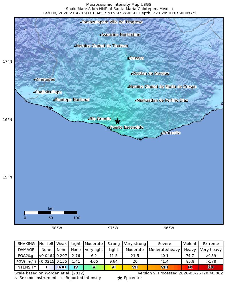 USGS ShakeMap intensity contours for the M5.7 earthquake near 8 km NNE of Santa María Colotepec, Mexico