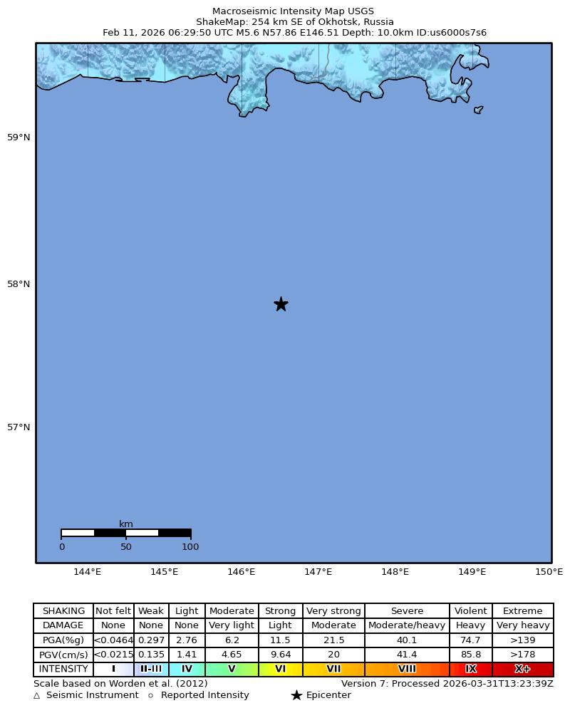 USGS ShakeMap intensity contours for the M5.6 earthquake near 254 km SE of Okhotsk, Russia