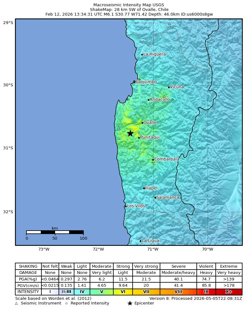 USGS ShakeMap intensity contours for the M6.1 earthquake near 28 km SW of Ovalle, Chile