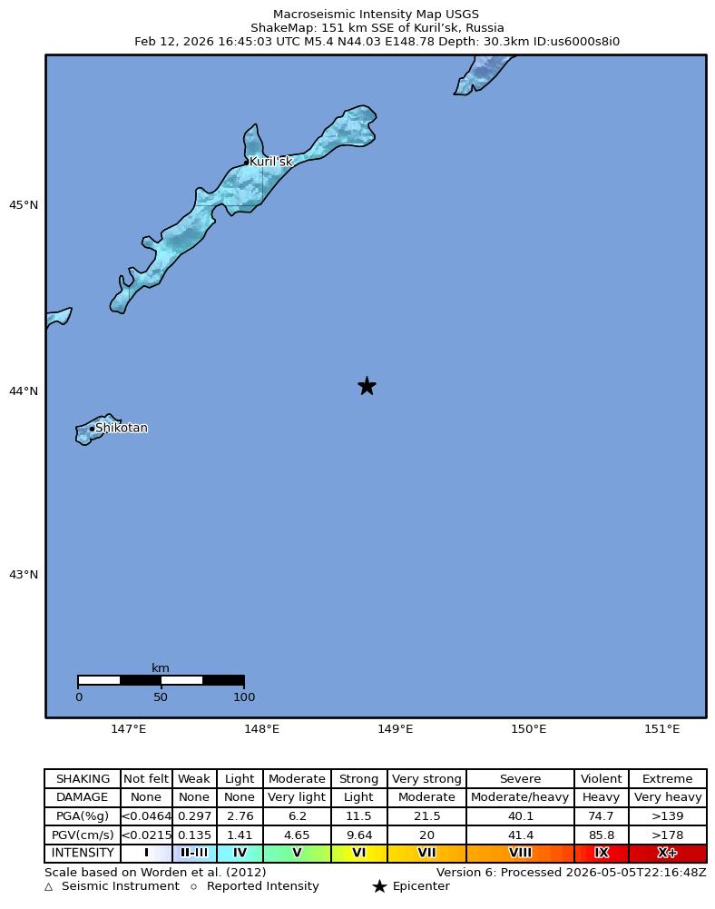 USGS ShakeMap intensity contours for the M5.4 earthquake near 151 km SSE of Kuril’sk, Russia