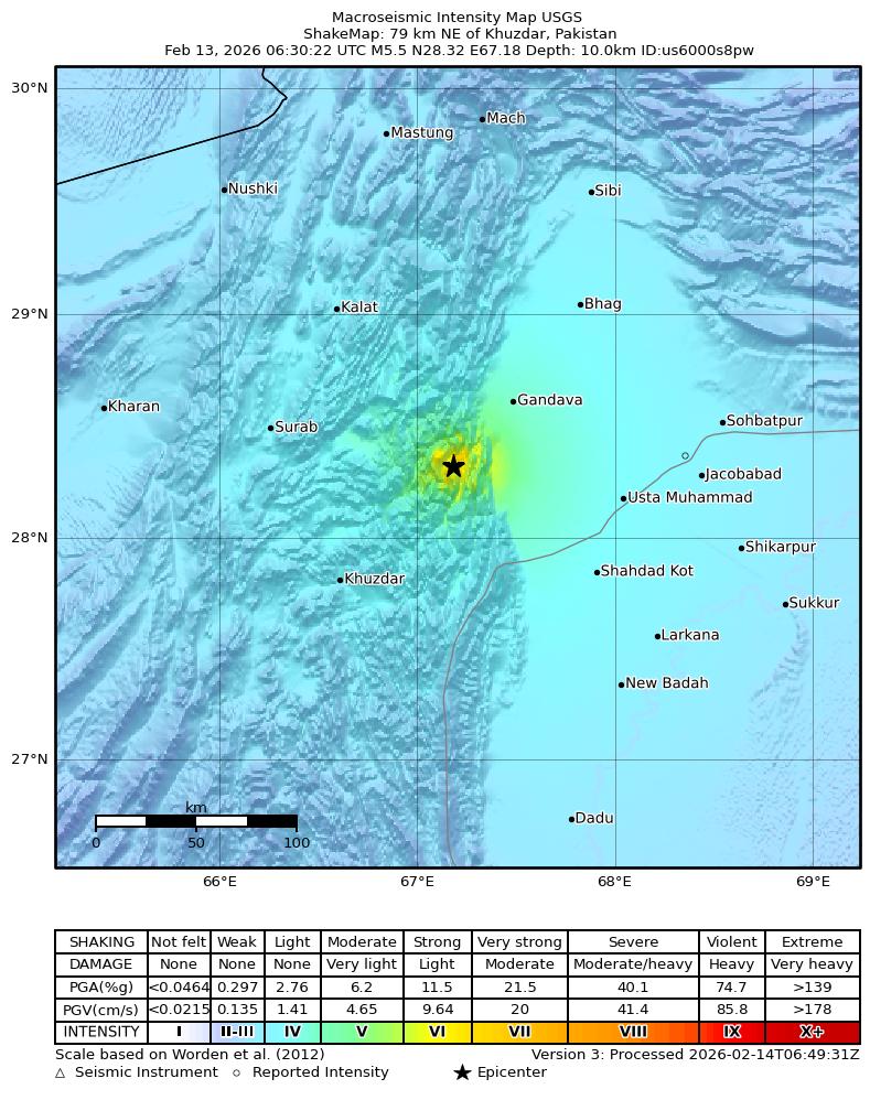 USGS ShakeMap intensity contours for the M5.2 earthquake near 72 km WNW of Chowki Jamali, Pakistan