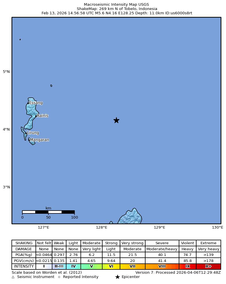 USGS ShakeMap intensity contours for the M5.6 earthquake near 269 km N of Tobelo, Indonesia