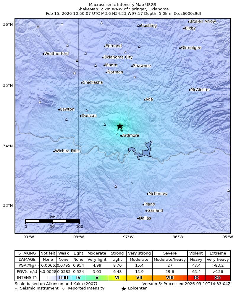 USGS ShakeMap: estimated shaking intensity around the epicenter