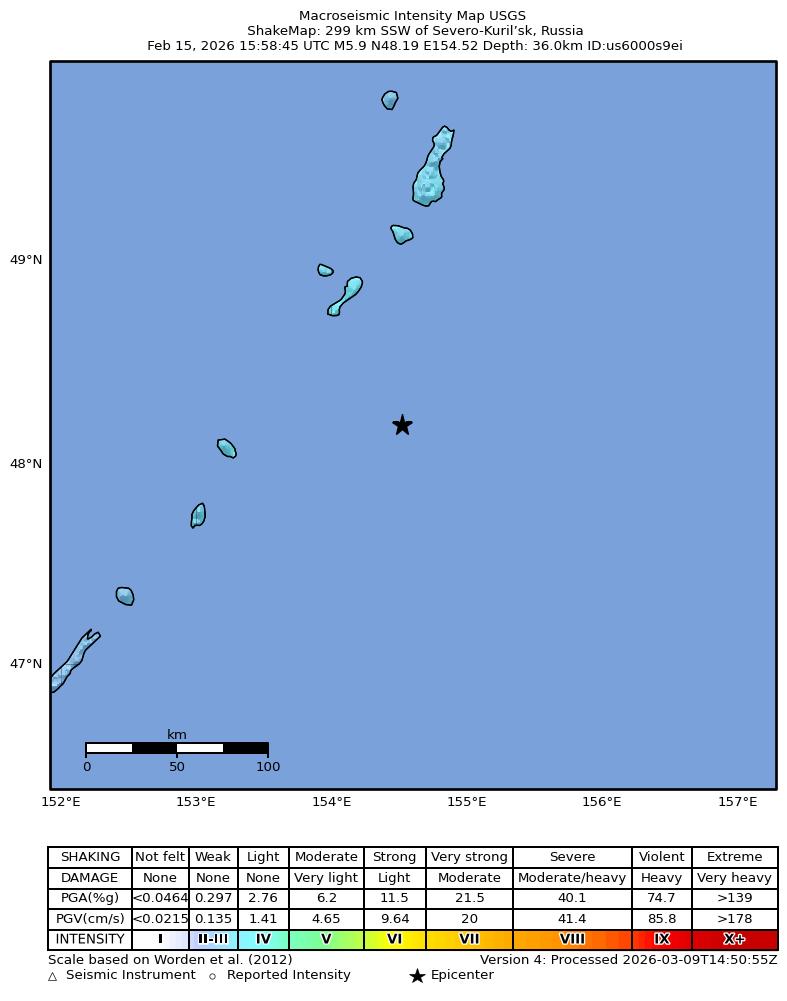 USGS ShakeMap intensity contours for the M5.9 earthquake near 299 km SSW of Severo-Kuril’sk, Russia