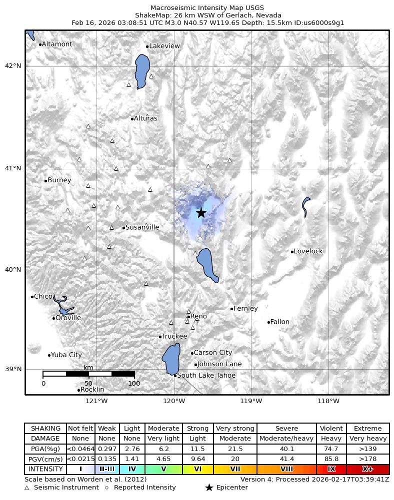 USGS ShakeMap: estimated shaking intensity around the epicenter