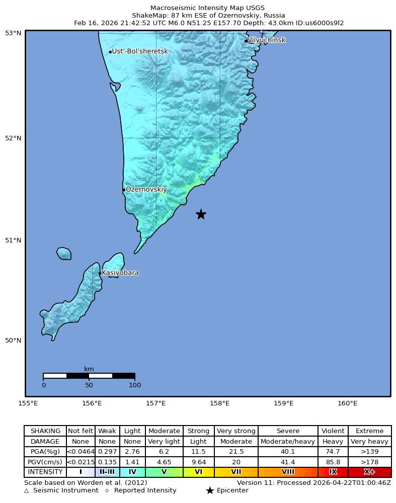 USGS ShakeMap intensity contours for the M6.0 earthquake near 87 km ESE of Ozernovskiy, Russia