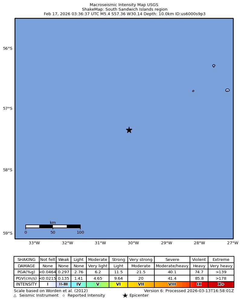 USGS ShakeMap intensity contours for the M5.4 earthquake near South Sandwich Islands region