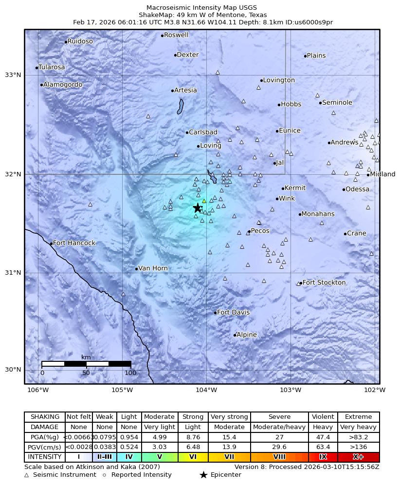 USGS ShakeMap: estimated shaking intensity around the epicenter