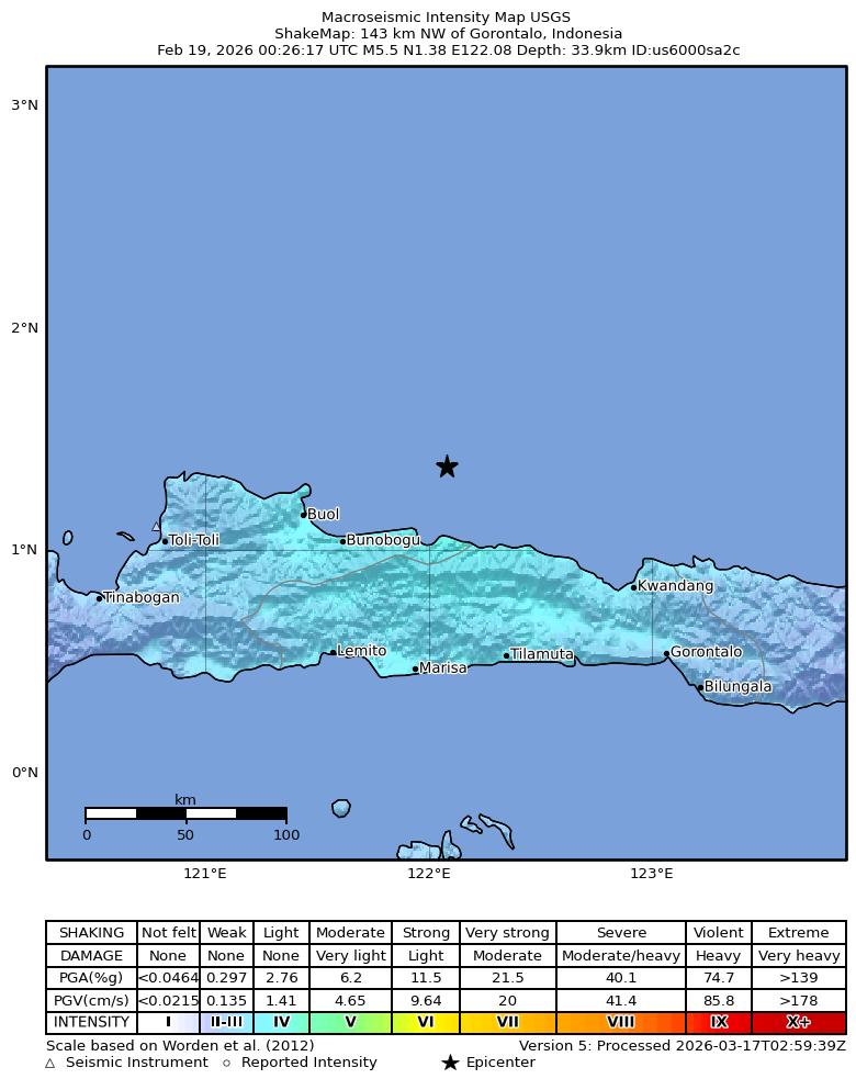 USGS ShakeMap intensity contours for the M5.5 earthquake near 143 km NW of Gorontalo, Indonesia