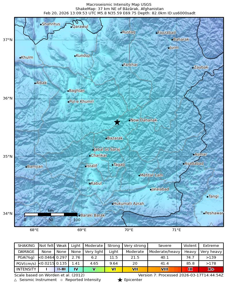 USGS ShakeMap intensity contours for the M5.8 earthquake near 37 km NE of Bāzārak, Afghanistan