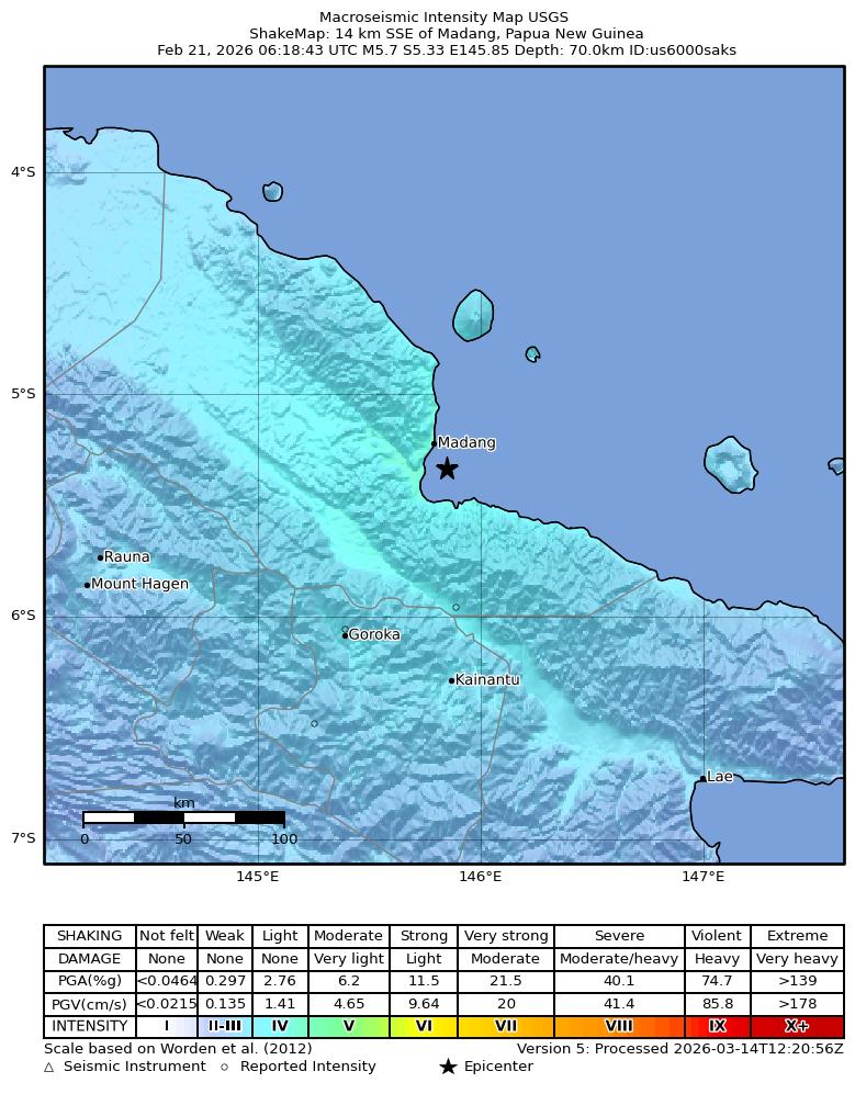USGS ShakeMap intensity contours for the M5.7 earthquake near 14 km SSE of Madang, Papua New Guinea