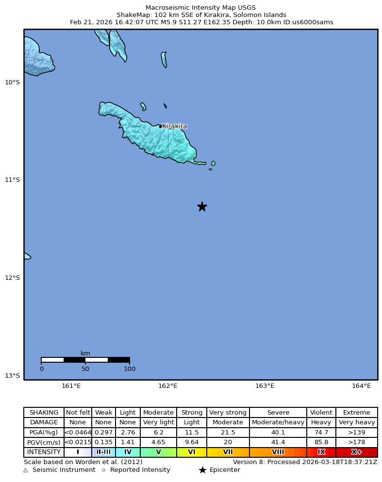 USGS ShakeMap intensity contours for the M5.9 earthquake near 102 km SSE of Kirakira, Solomon Islands
