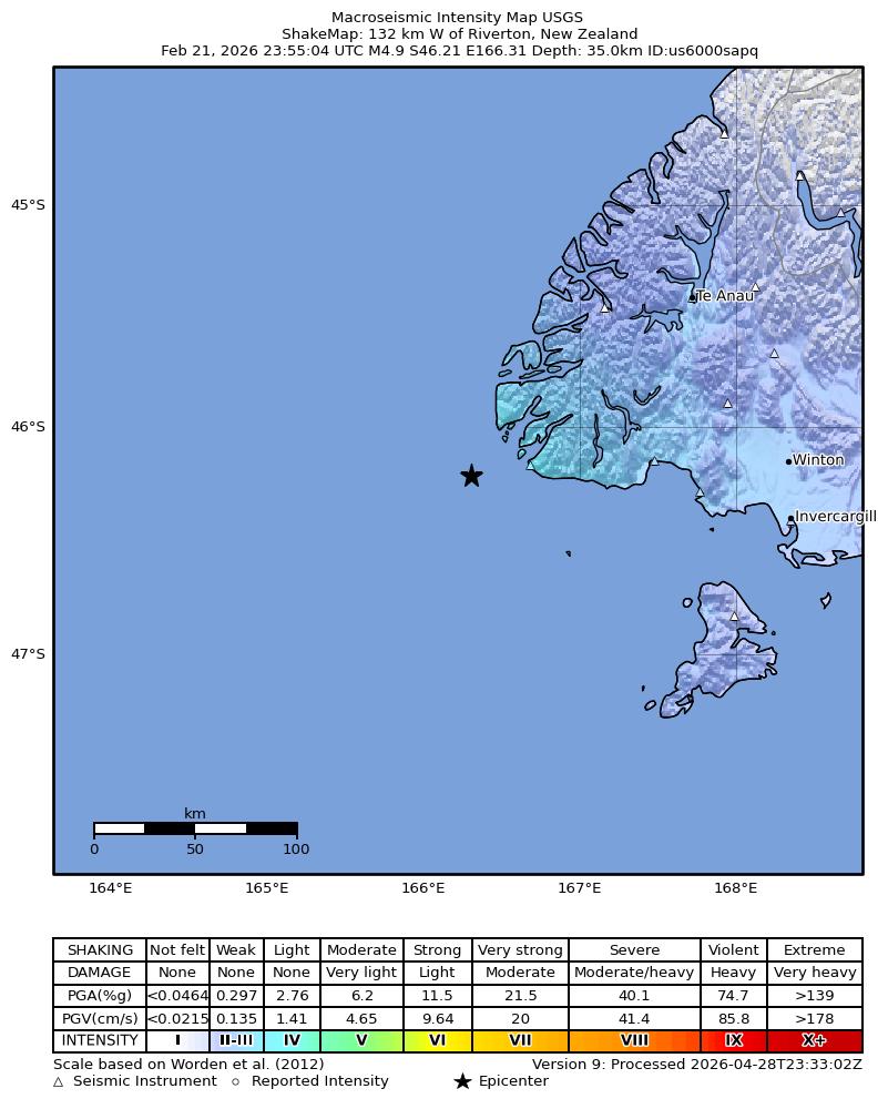 USGS ShakeMap intensity contours for the M4.9 earthquake near 132 km W of Riverton, New Zealand