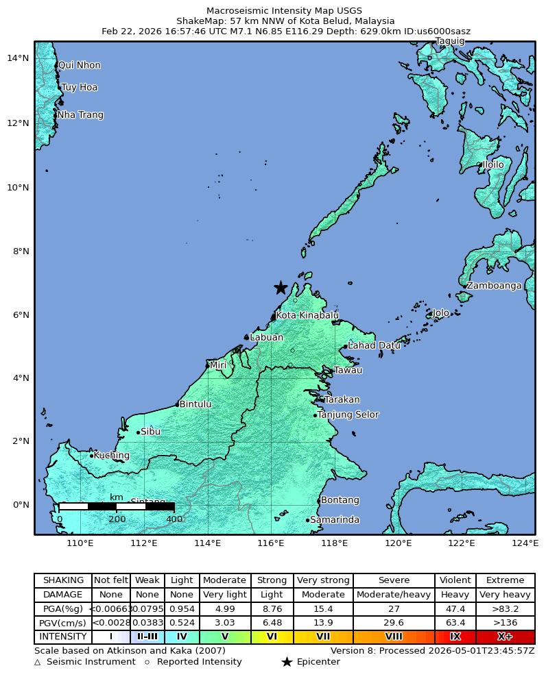 USGS ShakeMap intensity contours for the M7.1 earthquake near 57 km NNW of Kota Belud, Malaysia