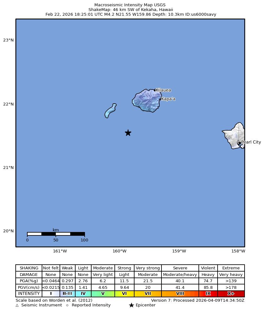 USGS ShakeMap intensity contours for the M4.1 earthquake near 46 km SW of Kekaha, Hawaii