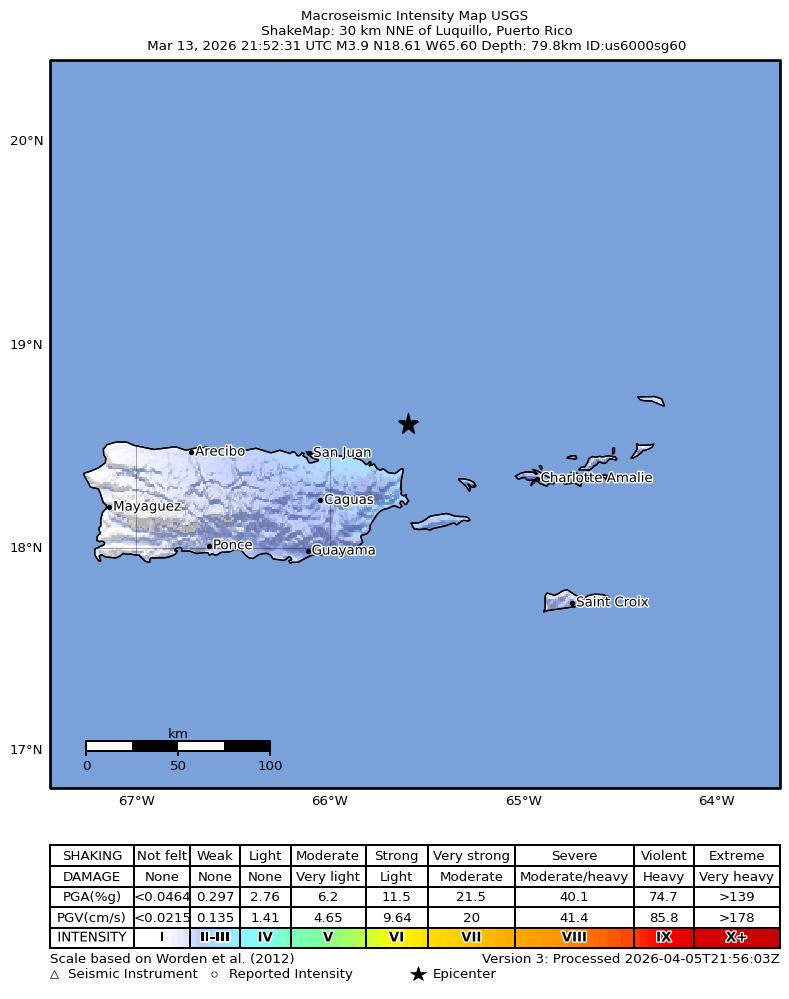 USGS ShakeMap intensity contours for the M3.8 earthquake near 30 km NNE of Luquillo, Puerto Rico