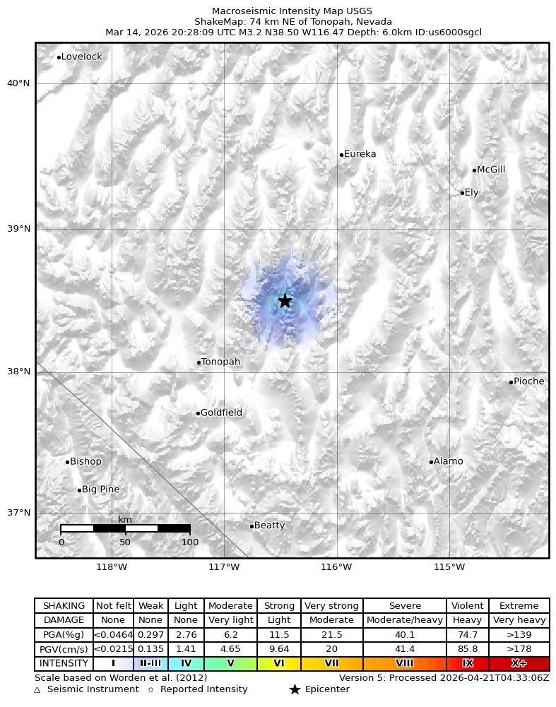 USGS ShakeMap intensity contours for the M3.2 earthquake near 74 km NE of Tonopah, Nevada